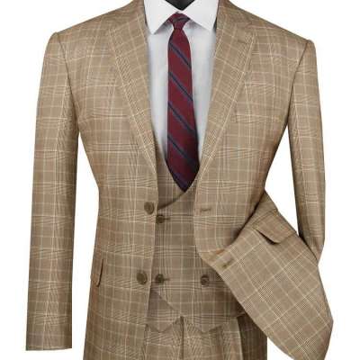 Buy Men's Camel Tan Plaid 3 Piece Suit Low Cut Vest Profile Picture